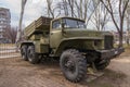 The BM-21 is a Soviet 122mm caliber self-propelled rocket launcher system Royalty Free Stock Photo